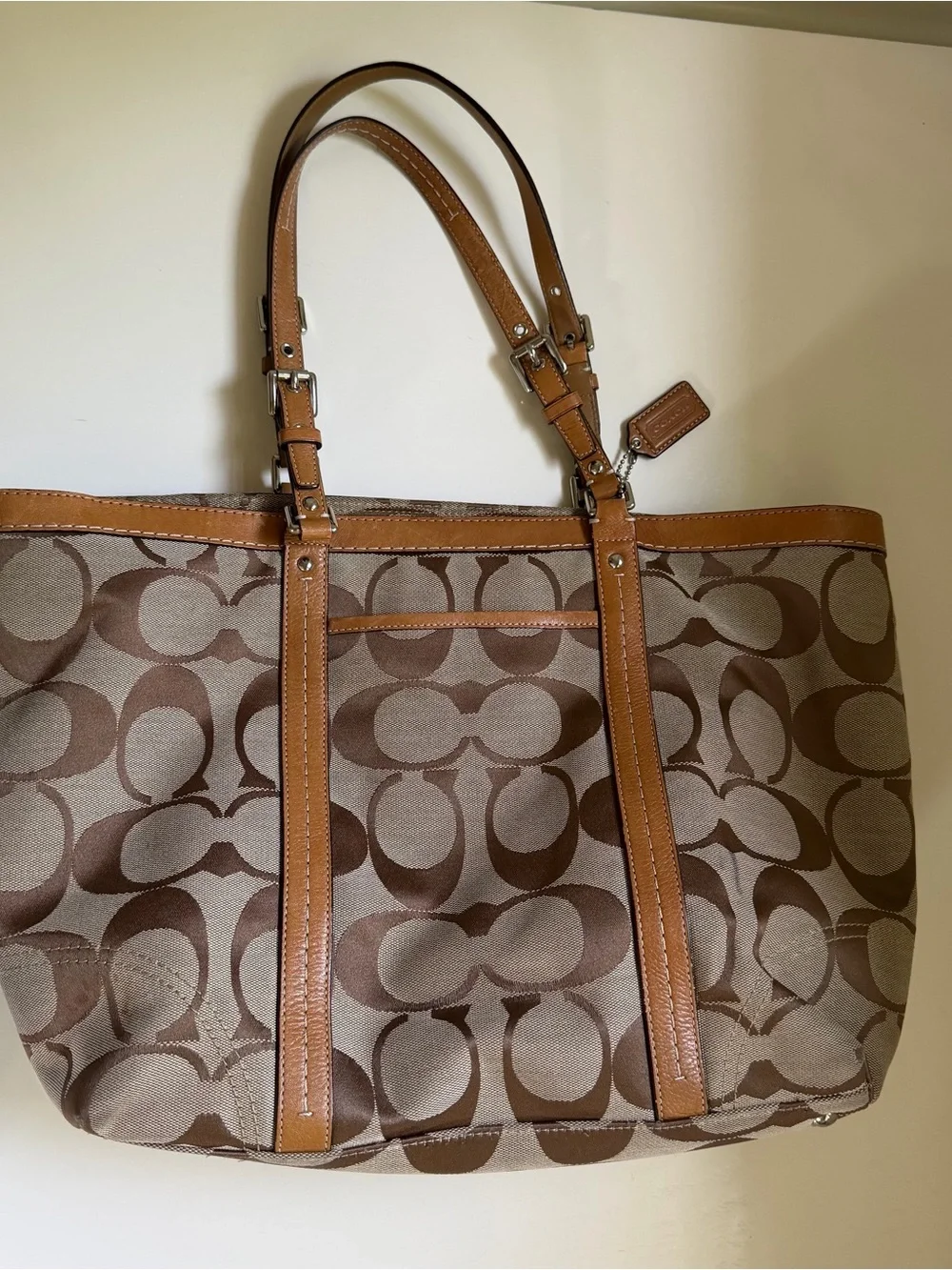 Coach Y2K Bag Tote Purse Signature Jacquard Tote Khaki Brown Leather